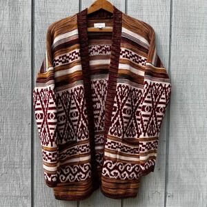 Lucky Brand Aztec Print Knit Cardigan Open Front Brown Boho Women's Medium